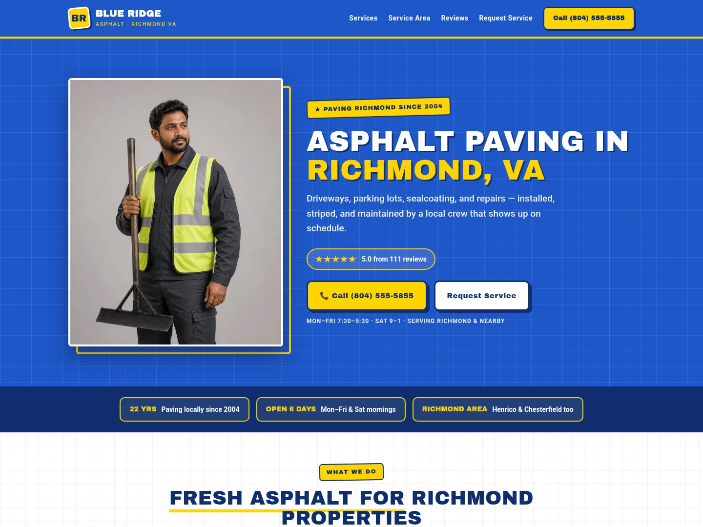 Royal Blue · Retro-character — example asphalt paving website homepage