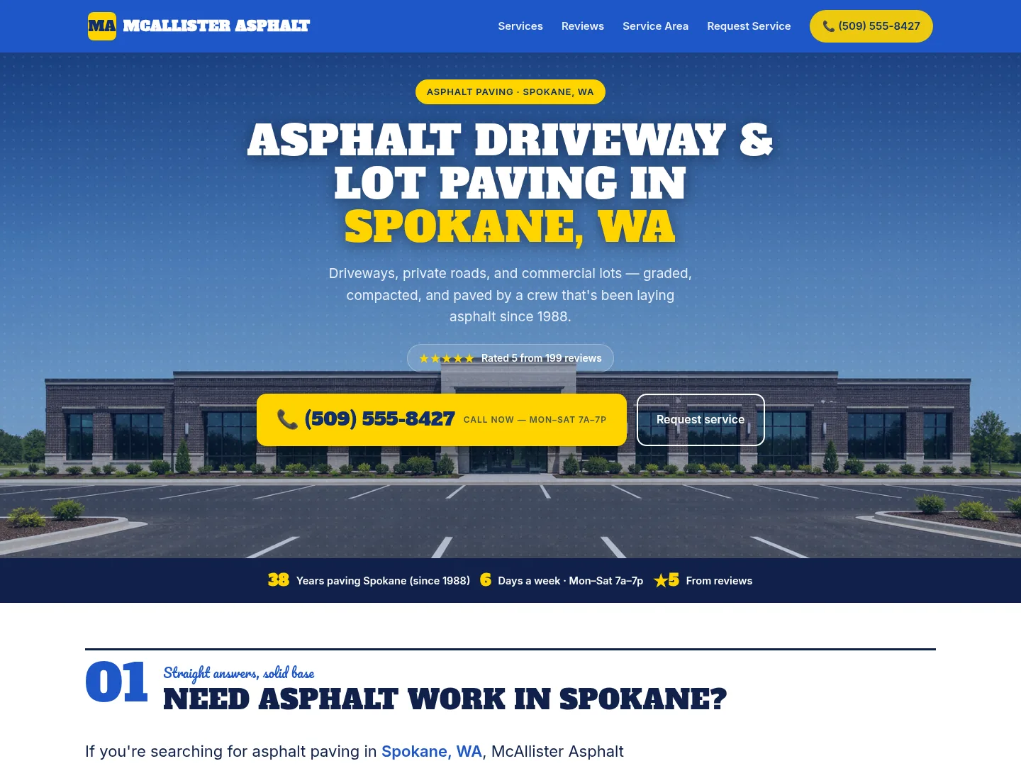 Royal Blue · Emergency-first — example asphalt paving website homepage