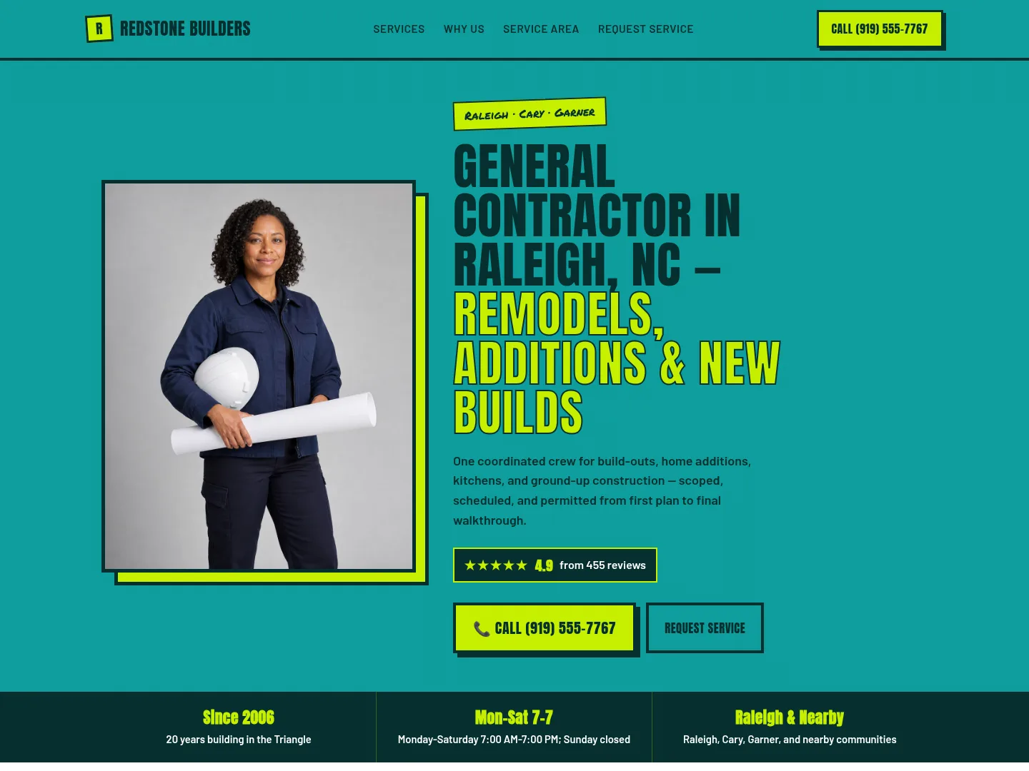 Teal & Lime · Retro-character — example construction website homepage