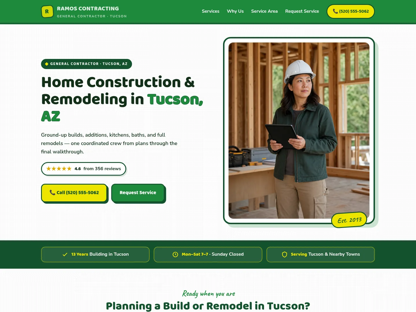 Emerald Green · Retro-character — example construction website homepage