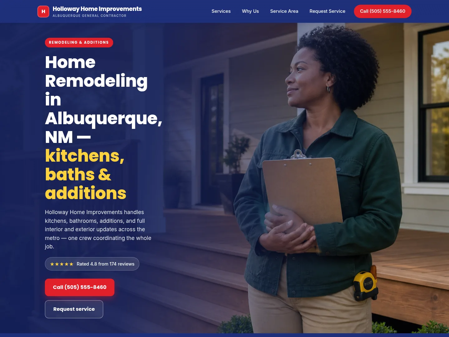Red & Navy · Established-trust — example contracting website homepage