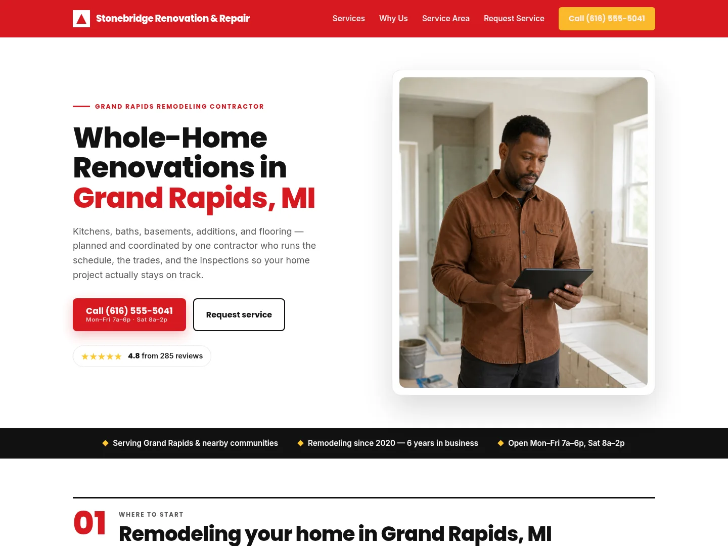 Signal Red · Modern-clean — example contracting website homepage