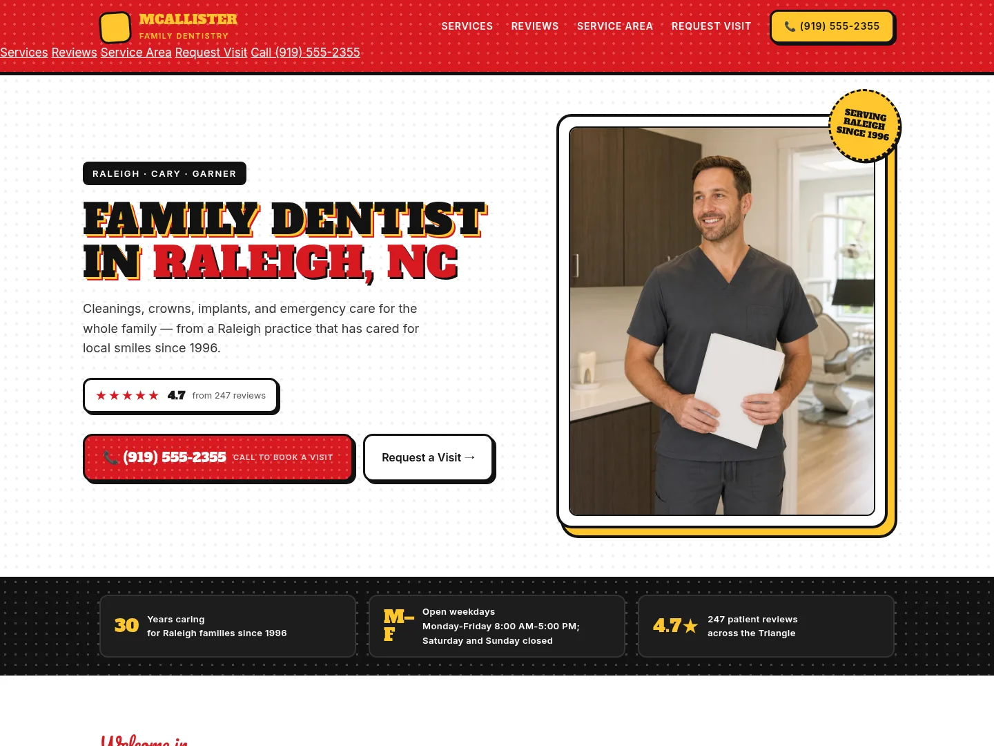 Signal Red · Retro-character — example dental website homepage