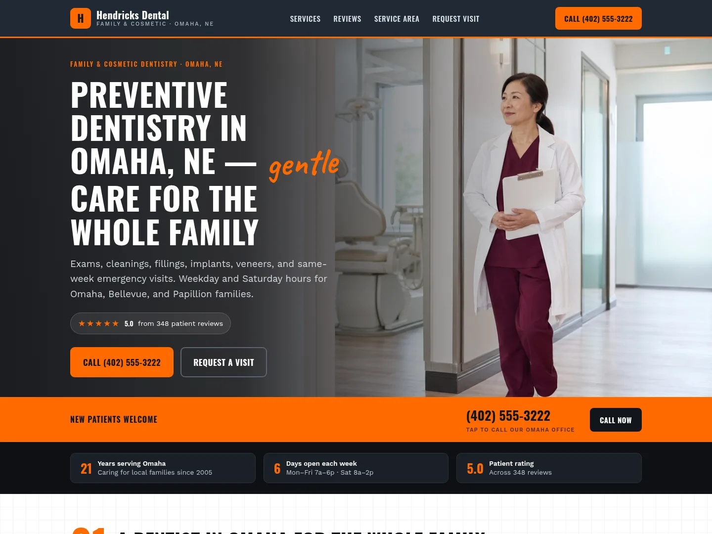 Slate & Safety Orange · Neighborly-warm — example dental website homepage