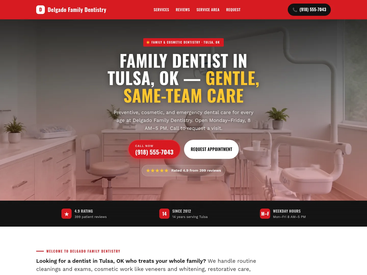 Signal Red · Emergency-first — example dental website homepage