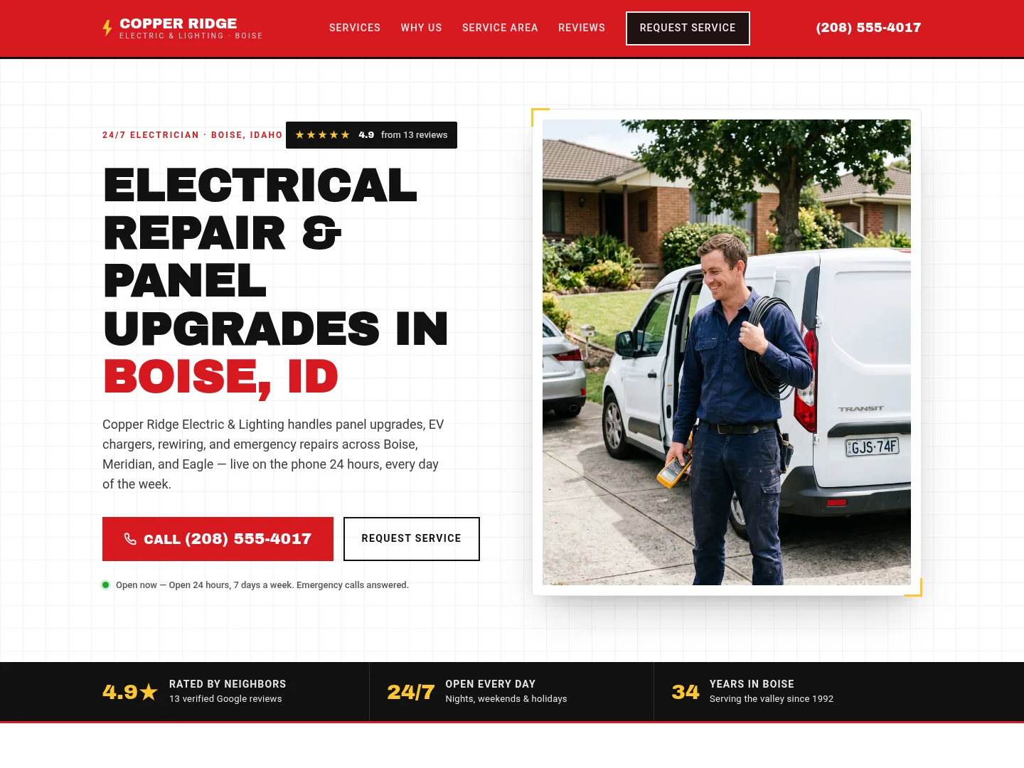 Signal Red · Rugged-workhorse — example electrical website homepage