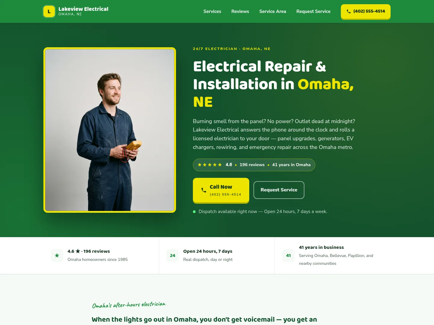 Emerald Green · Modern-clean — example electrical website homepage