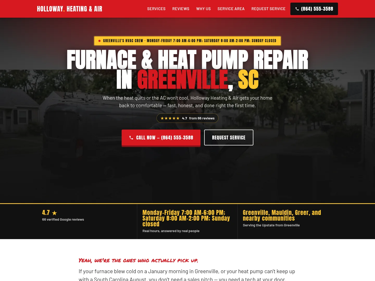 Signal Red · Rugged-workhorse — example HVAC website homepage
