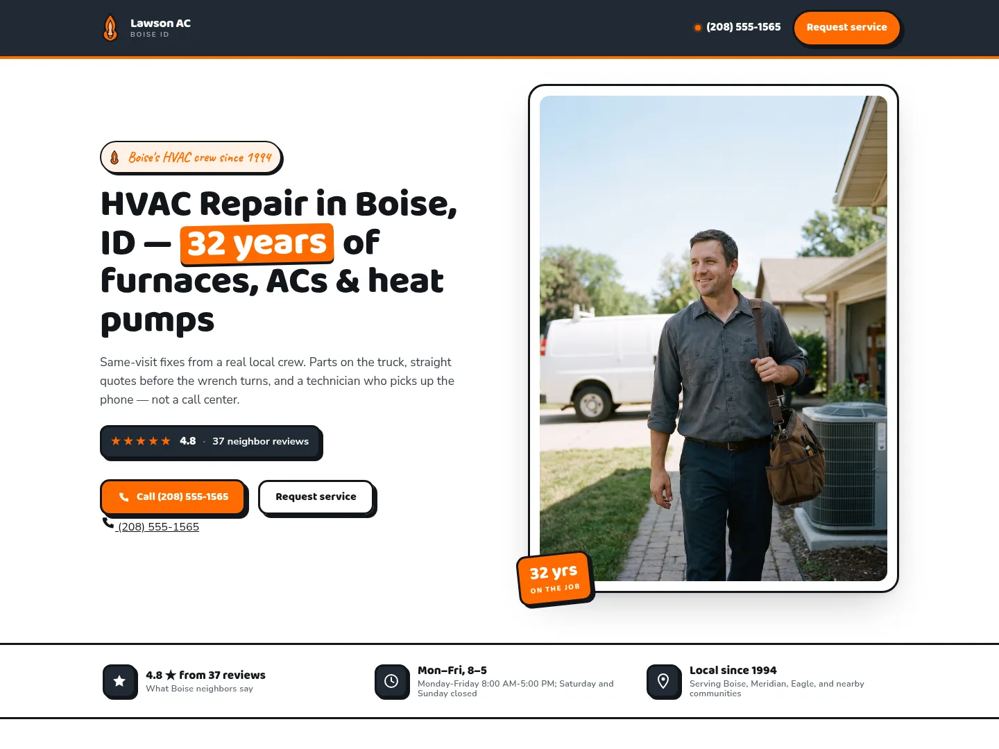 Slate & Safety Orange · Established-trust — example HVAC website homepage