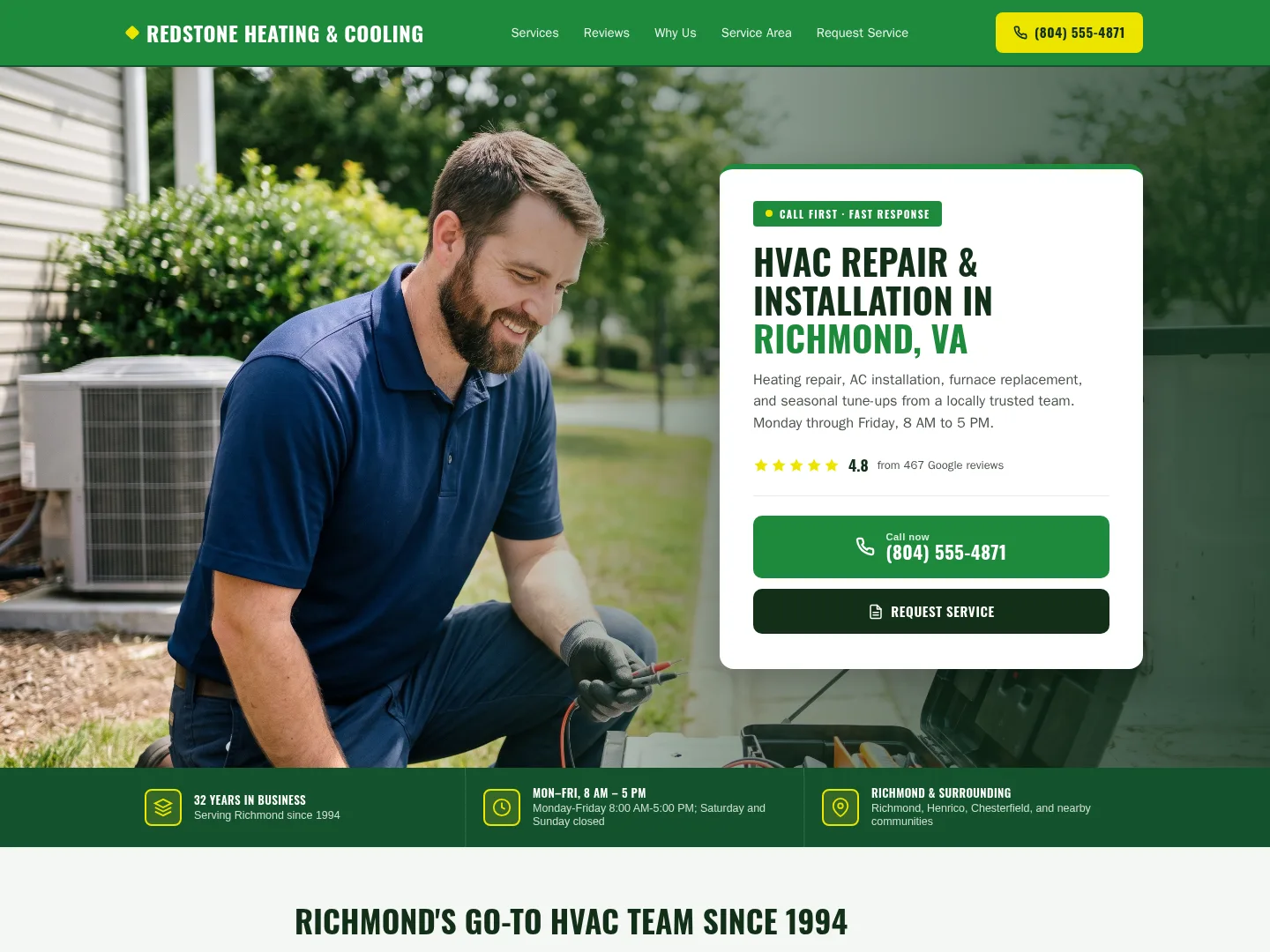Emerald Green · Retro-character — example HVAC website homepage