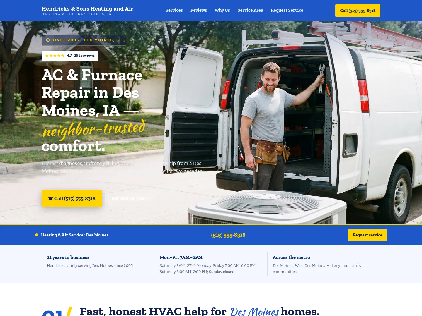 Royal Blue · Neighborly-warm — example HVAC website homepage