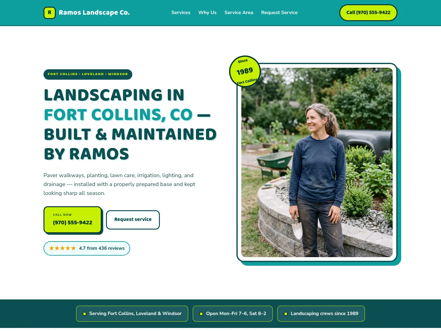 Signal Red · Emergency-first — example landscaping website homepage
