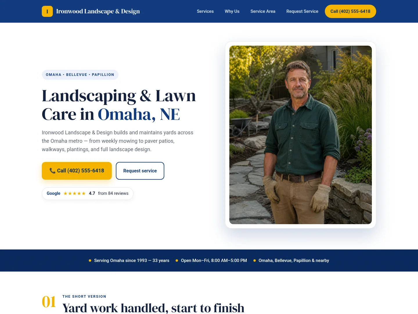 Navy & Gold · Established-trust — example landscaping website homepage