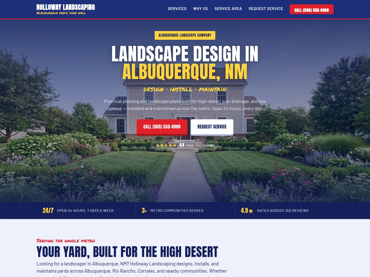 Red & Navy · Rugged-workhorse — example landscaping website homepage