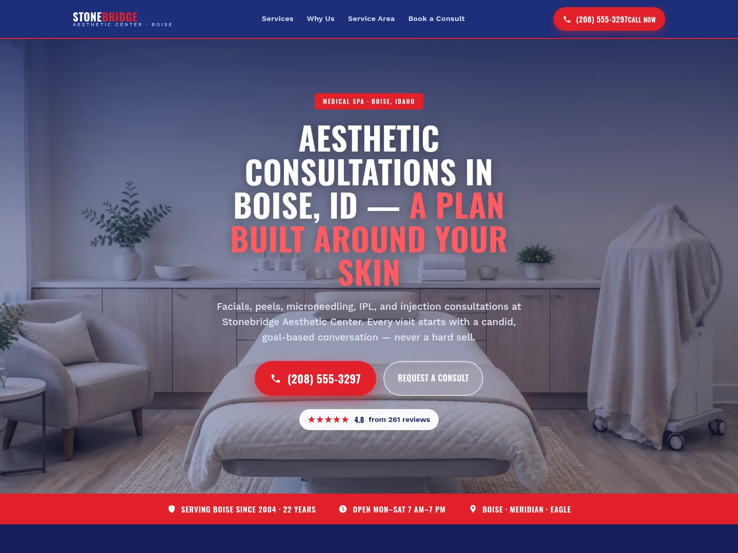 Red & Navy · Emergency-first — example medical spa website homepage