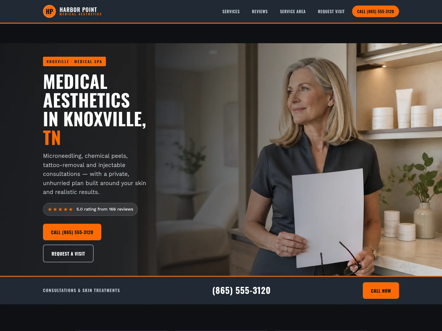 Slate & Safety Orange · Established-trust — example medical spa website homepage