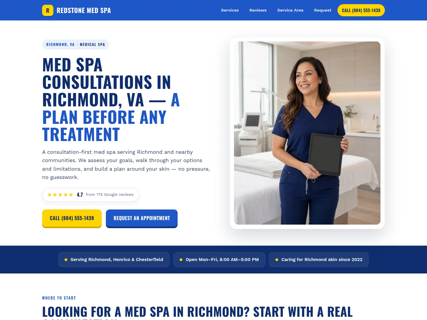 Royal Blue · Established-trust — example medical spa website homepage