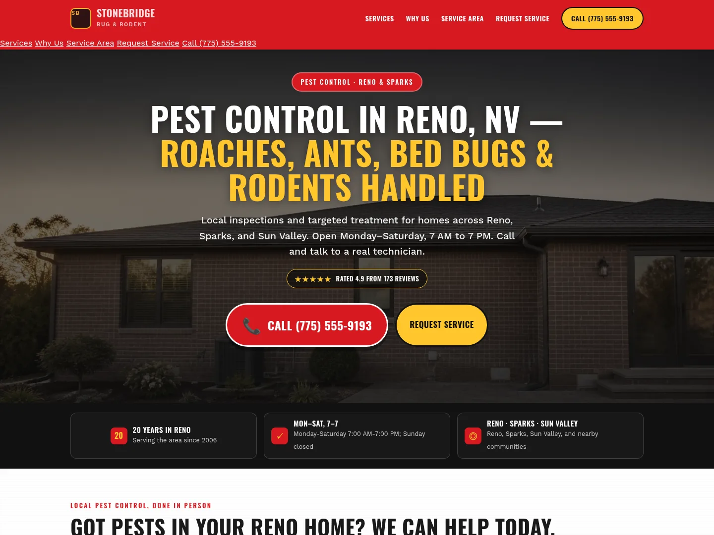 Signal Red · Emergency-first — example pest control website homepage