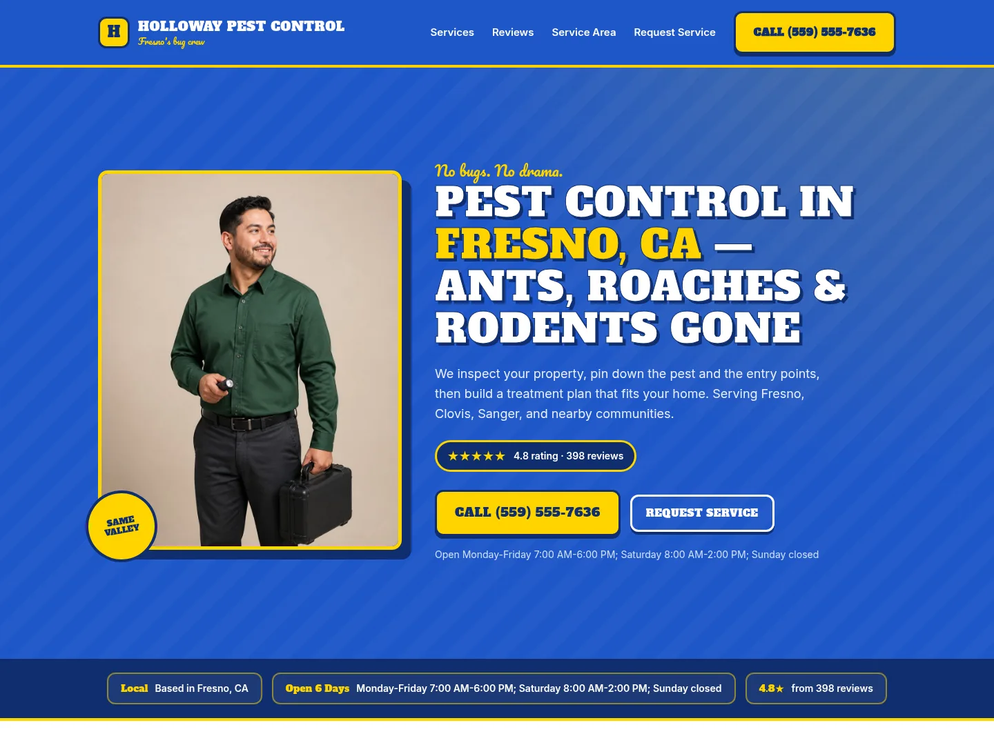 Royal Blue · Retro-character — example pest control website homepage