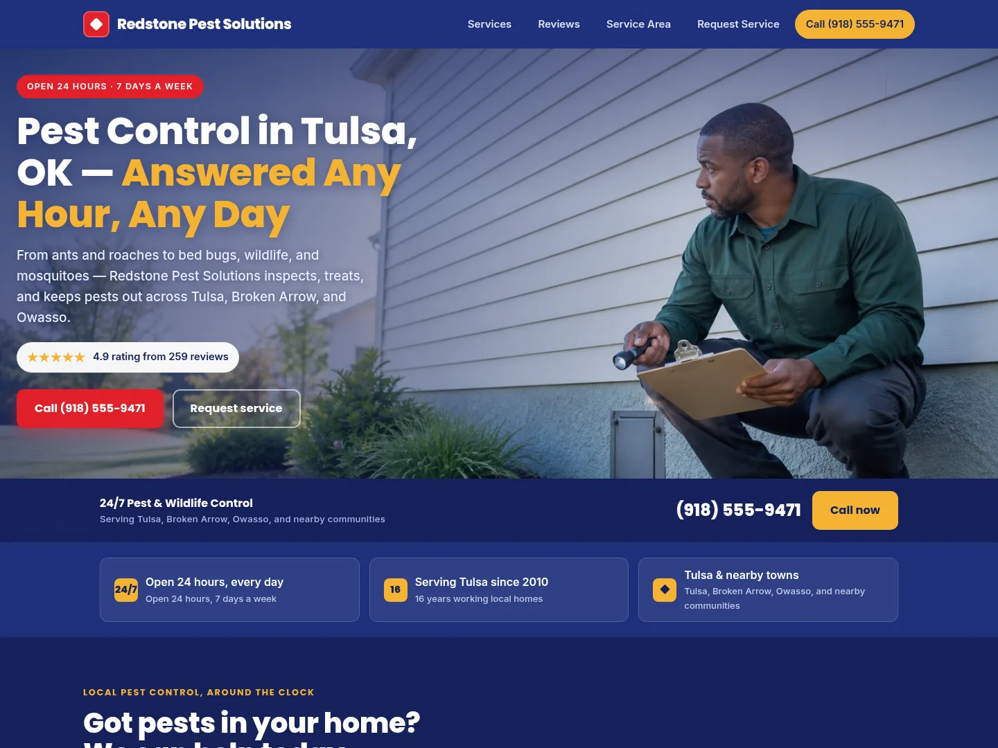 Red & Navy · Established-trust — example pest control website homepage