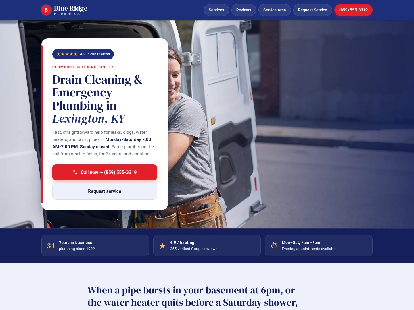 Red & Navy · Established-trust — example plumbing website homepage