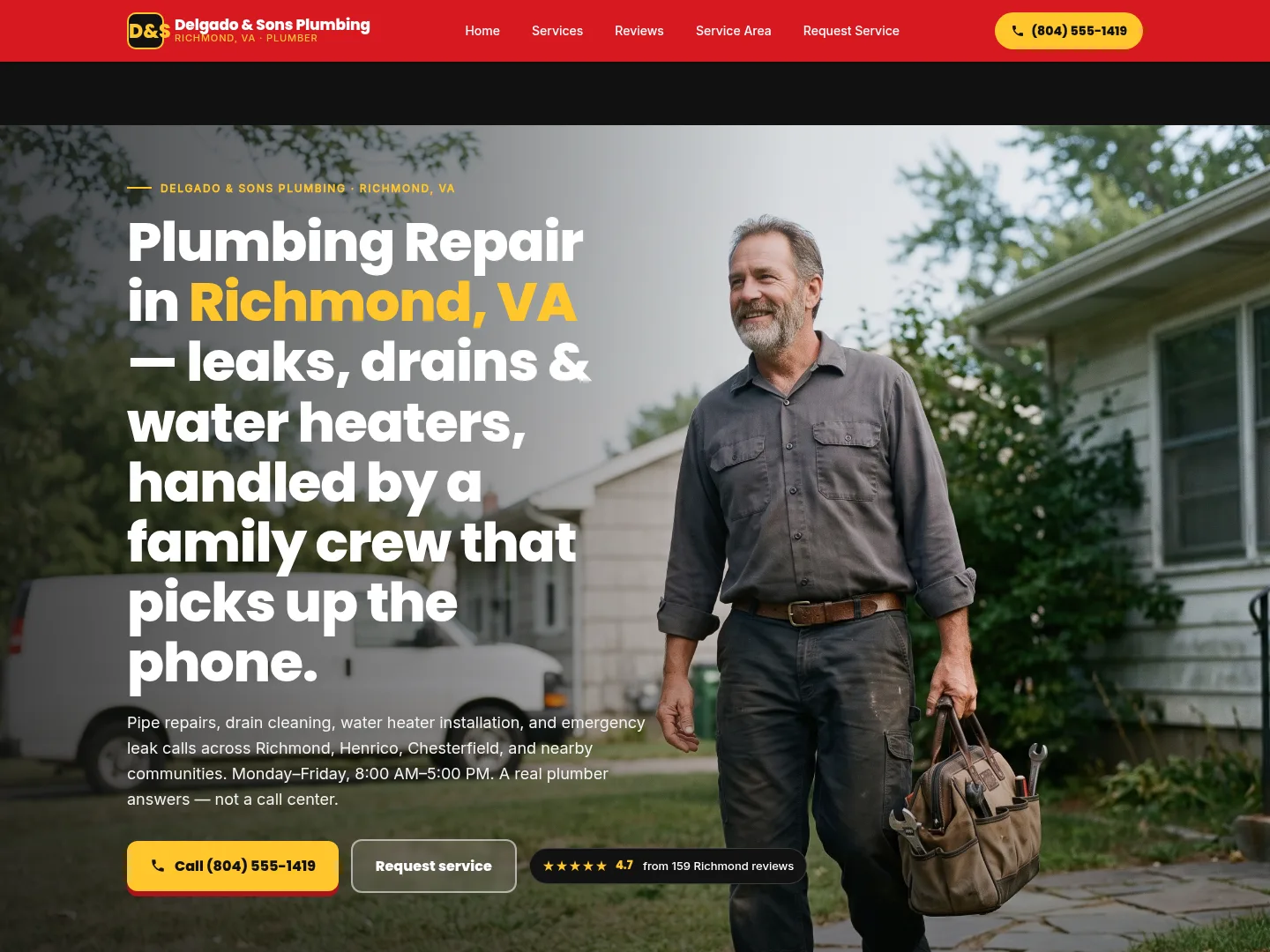 Signal Red · Emergency-first — example plumbing website homepage
