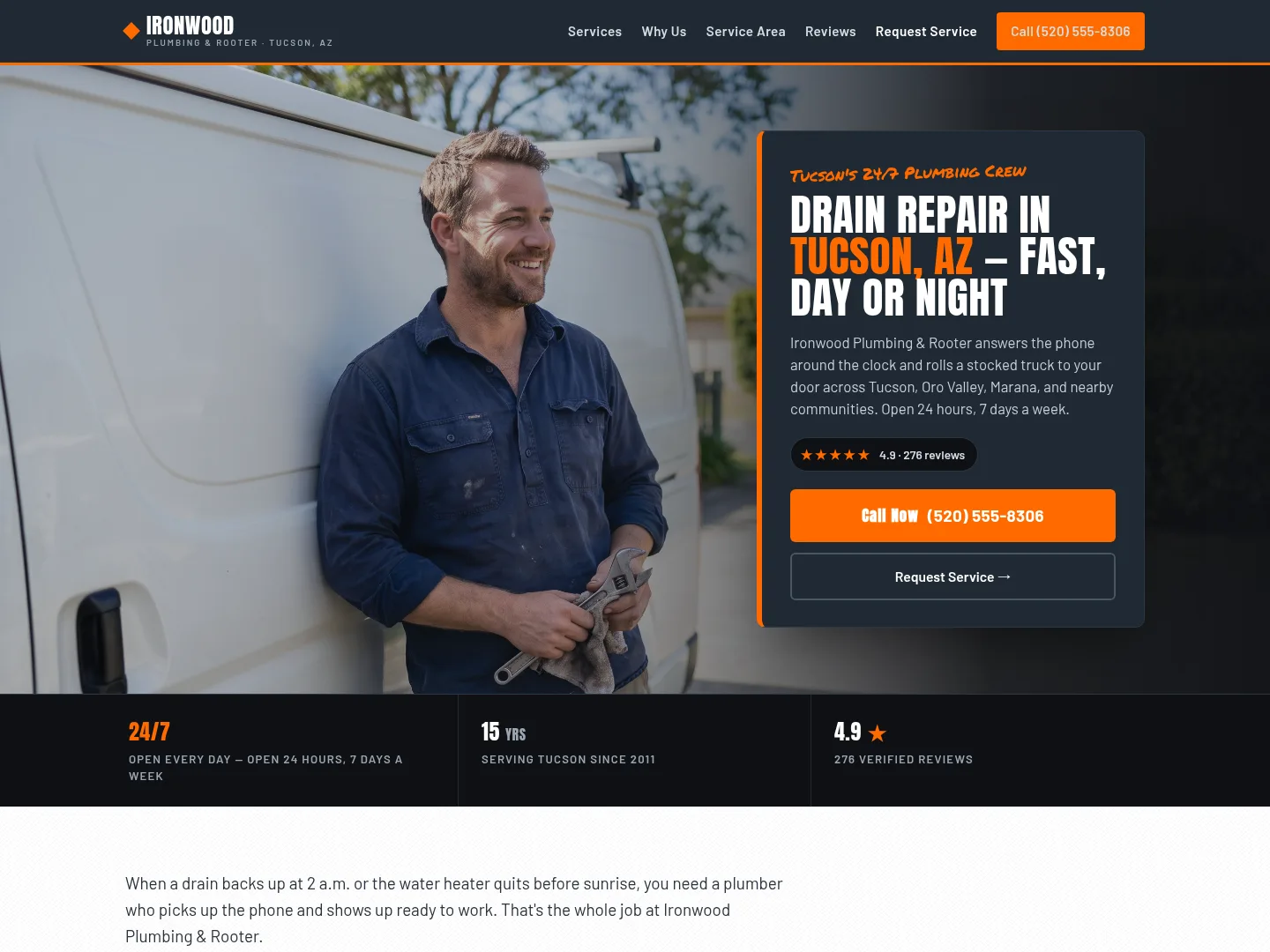 Slate & Safety Orange · Modern-clean — example plumbing website homepage