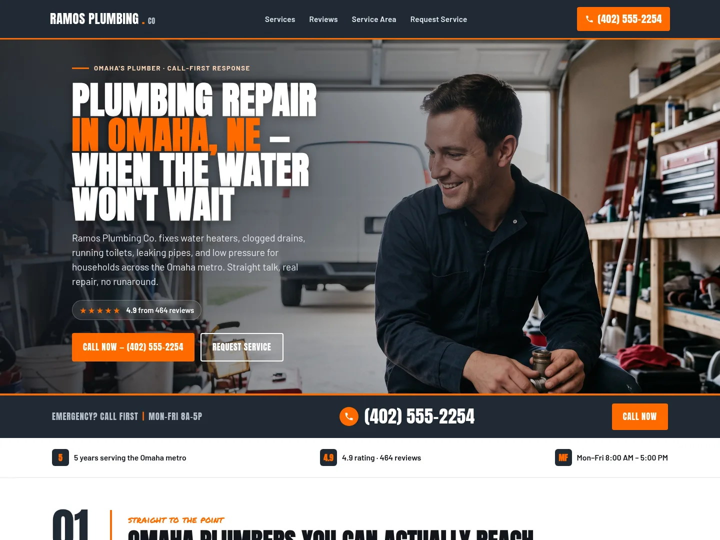 Slate & Safety Orange · Emergency-first — example plumbing website homepage