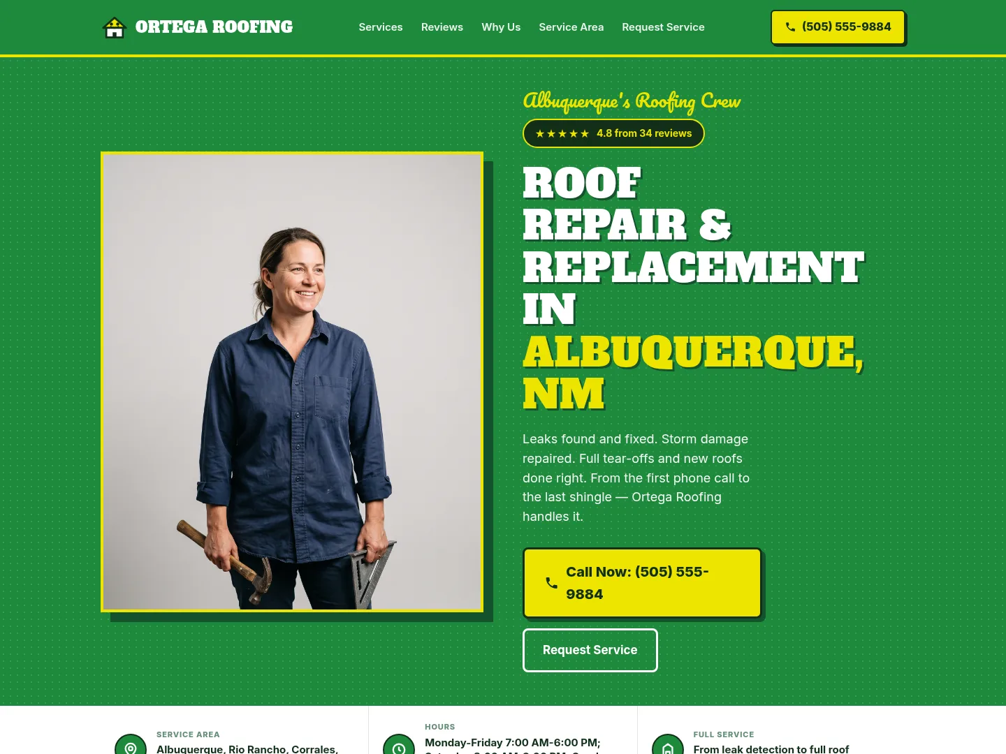 Emerald Green · Retro-character — example roofing website homepage