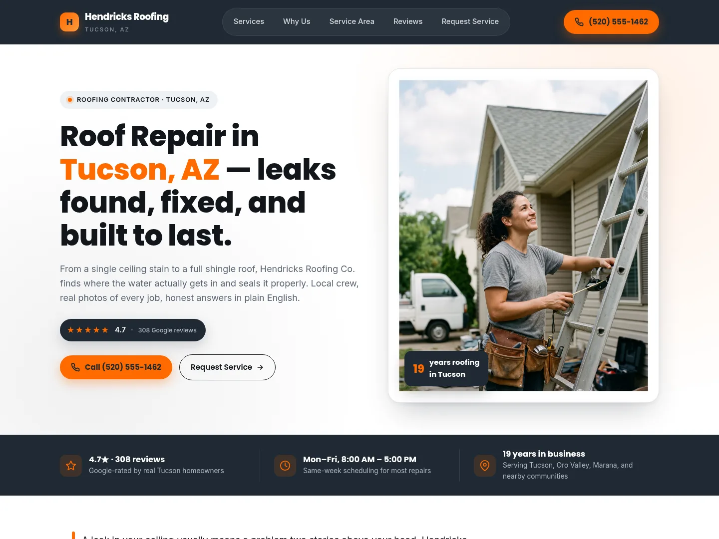 Slate & Safety Orange · Established-trust — example roofing website homepage