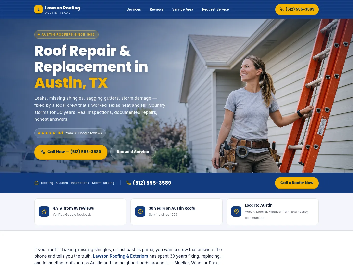 Navy & Gold · Established-trust — example roofing website homepage