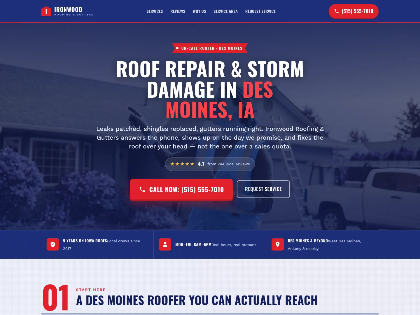 Red & Navy · Emergency-first — example roofing website homepage