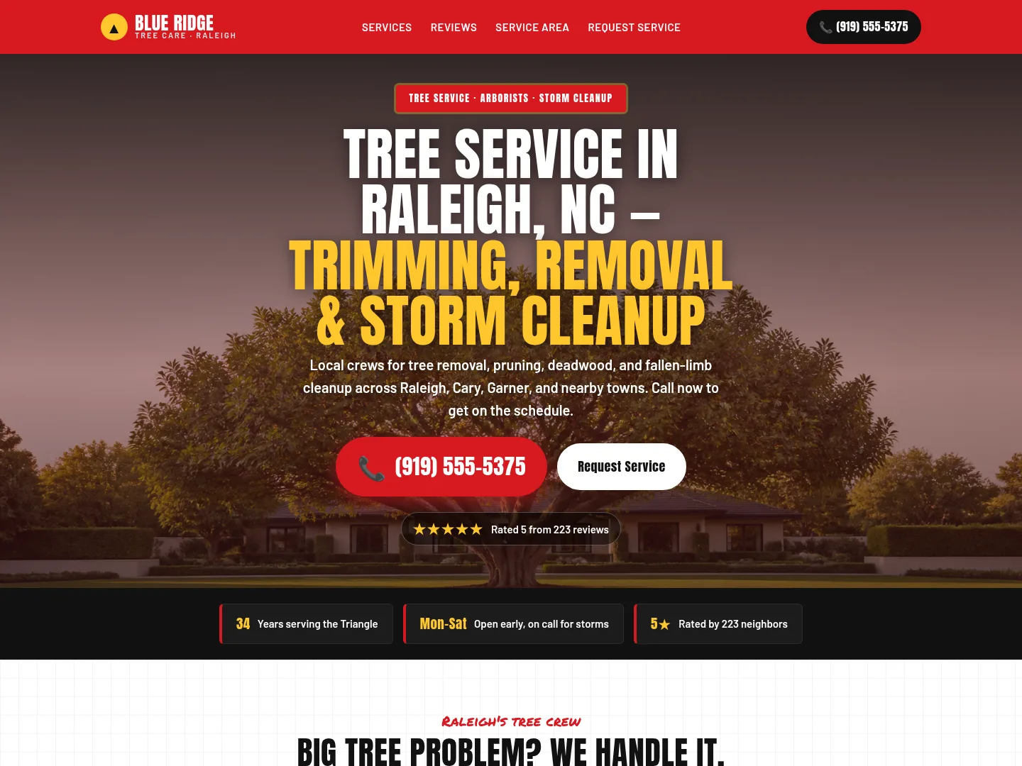 Signal Red · Emergency-first — example tree service website homepage