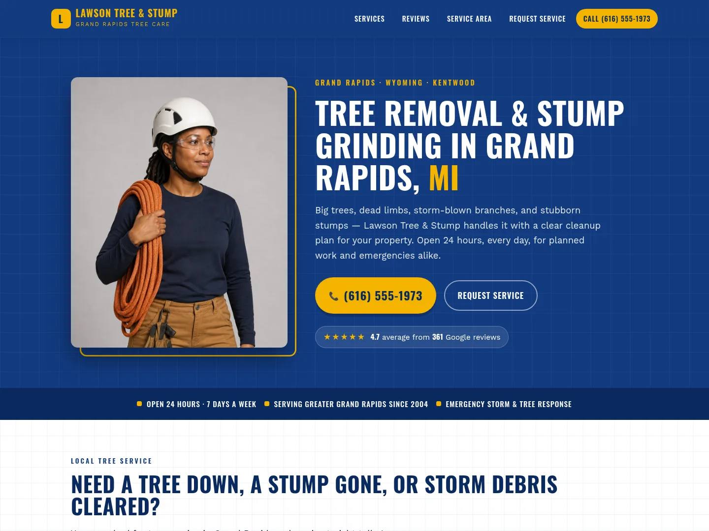 Navy & Gold · Established-trust — example tree service website homepage