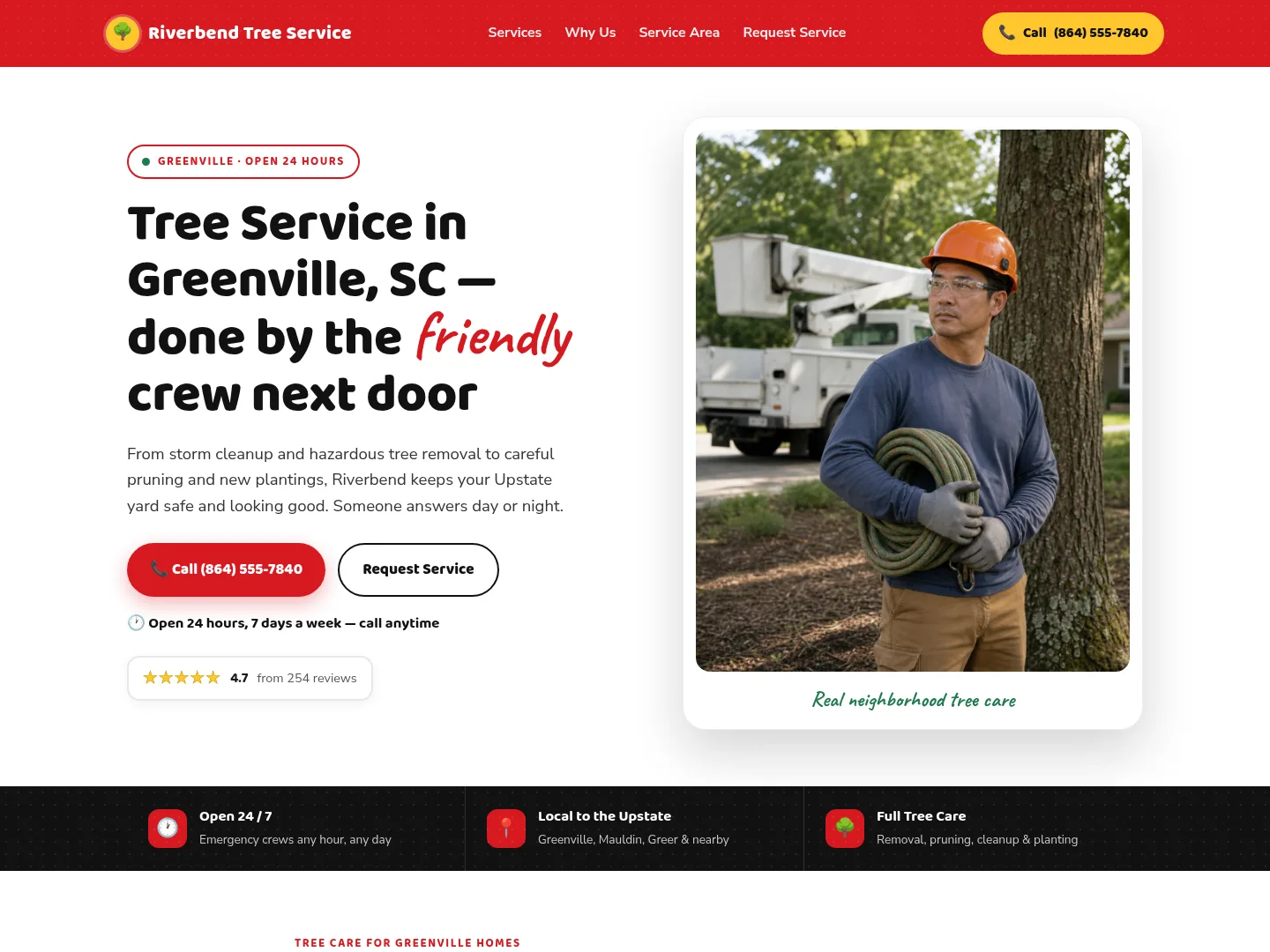 Signal Red · Neighborly-warm — example tree service website homepage