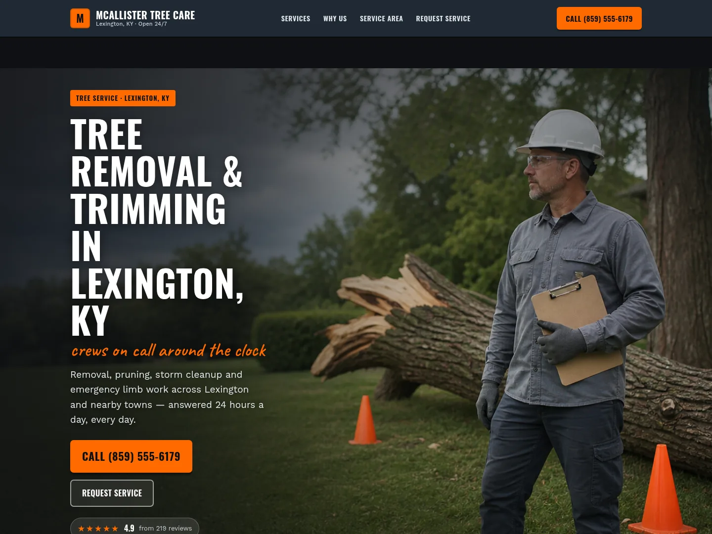 Slate & Safety Orange · Rugged-workhorse — example tree service website homepage