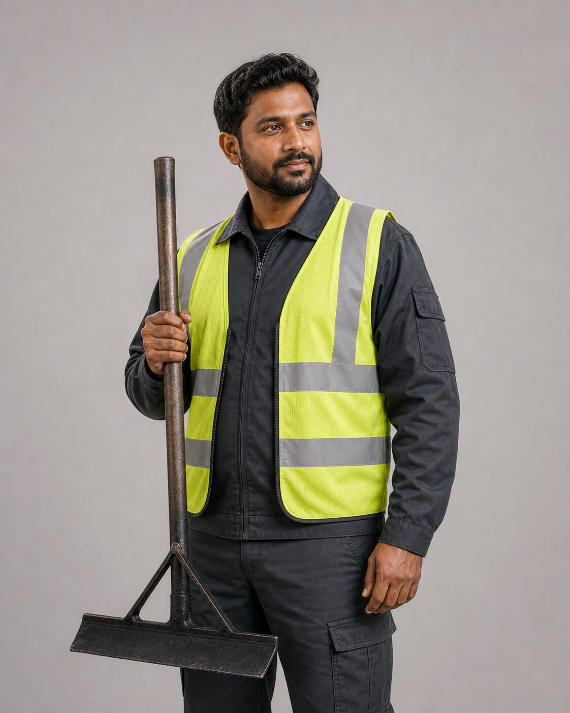 an asphalt paving professional beside a newly paved asphalt surface