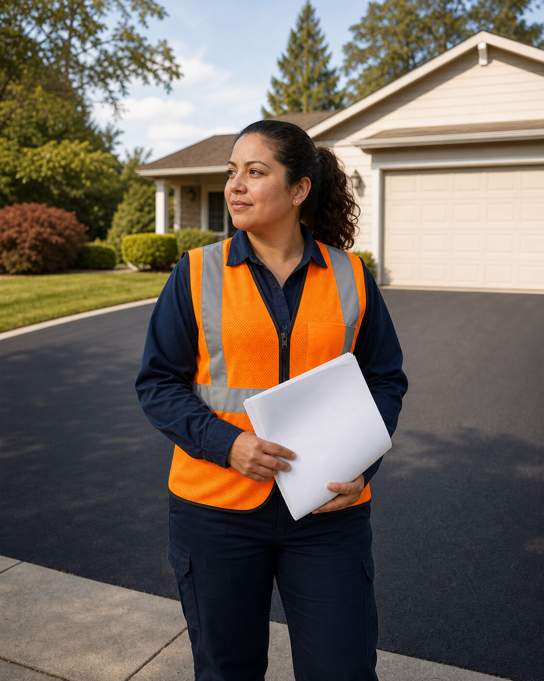an asphalt paving professional beside a newly paved asphalt surface