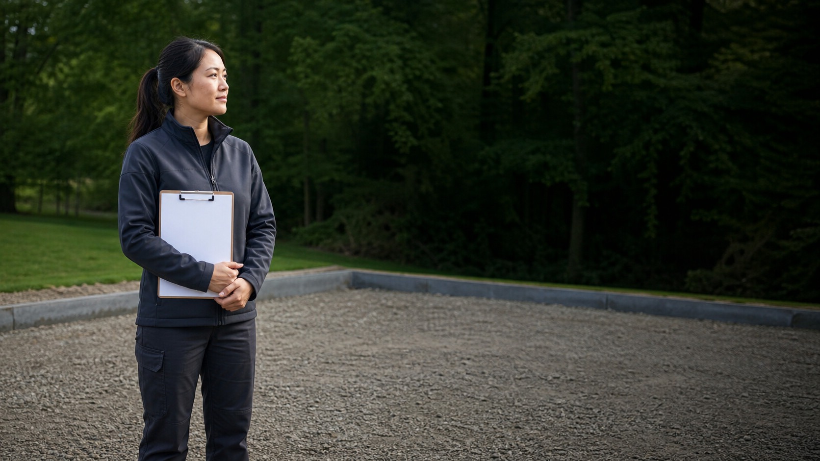 an asphalt paving professional beside a newly paved asphalt surface