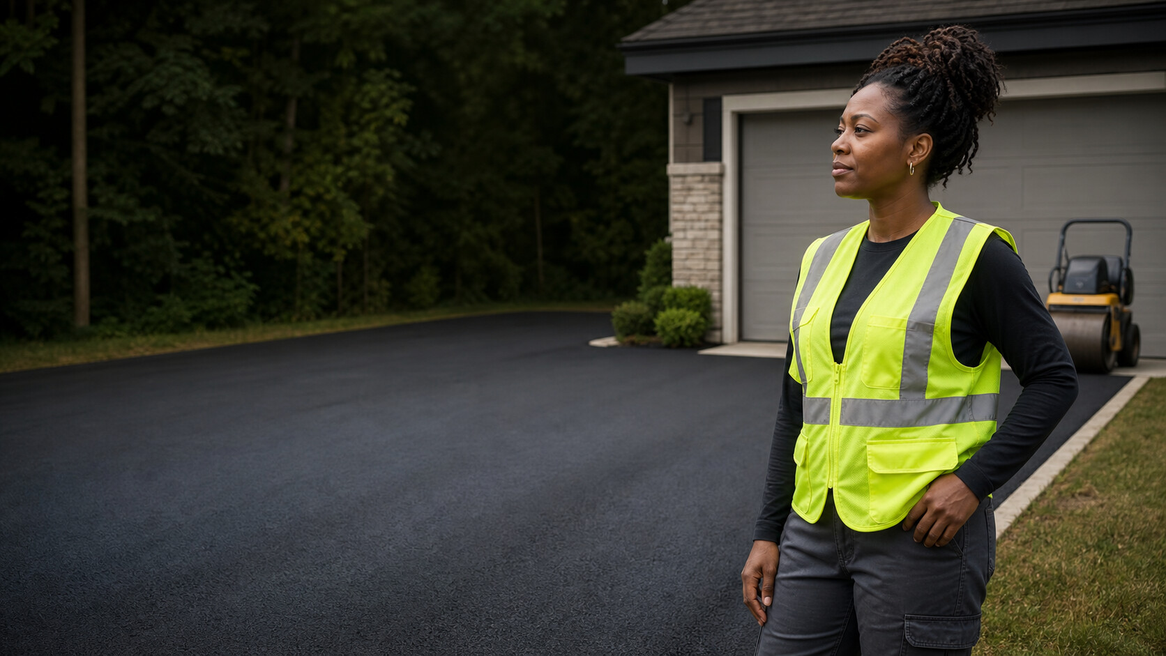 an asphalt paving professional beside a newly paved asphalt surface