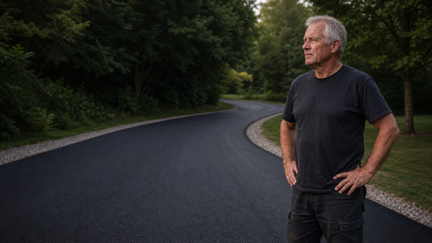 an asphalt paving professional beside a newly paved asphalt surface