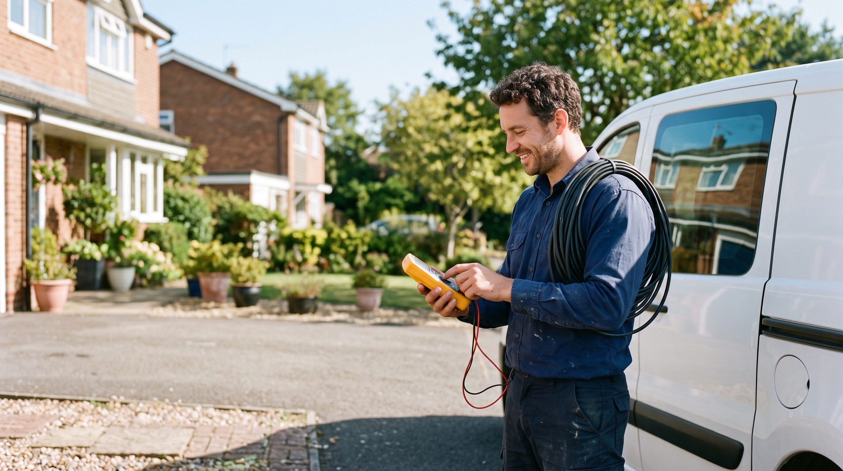 an electrician carrying electrical tools and cable