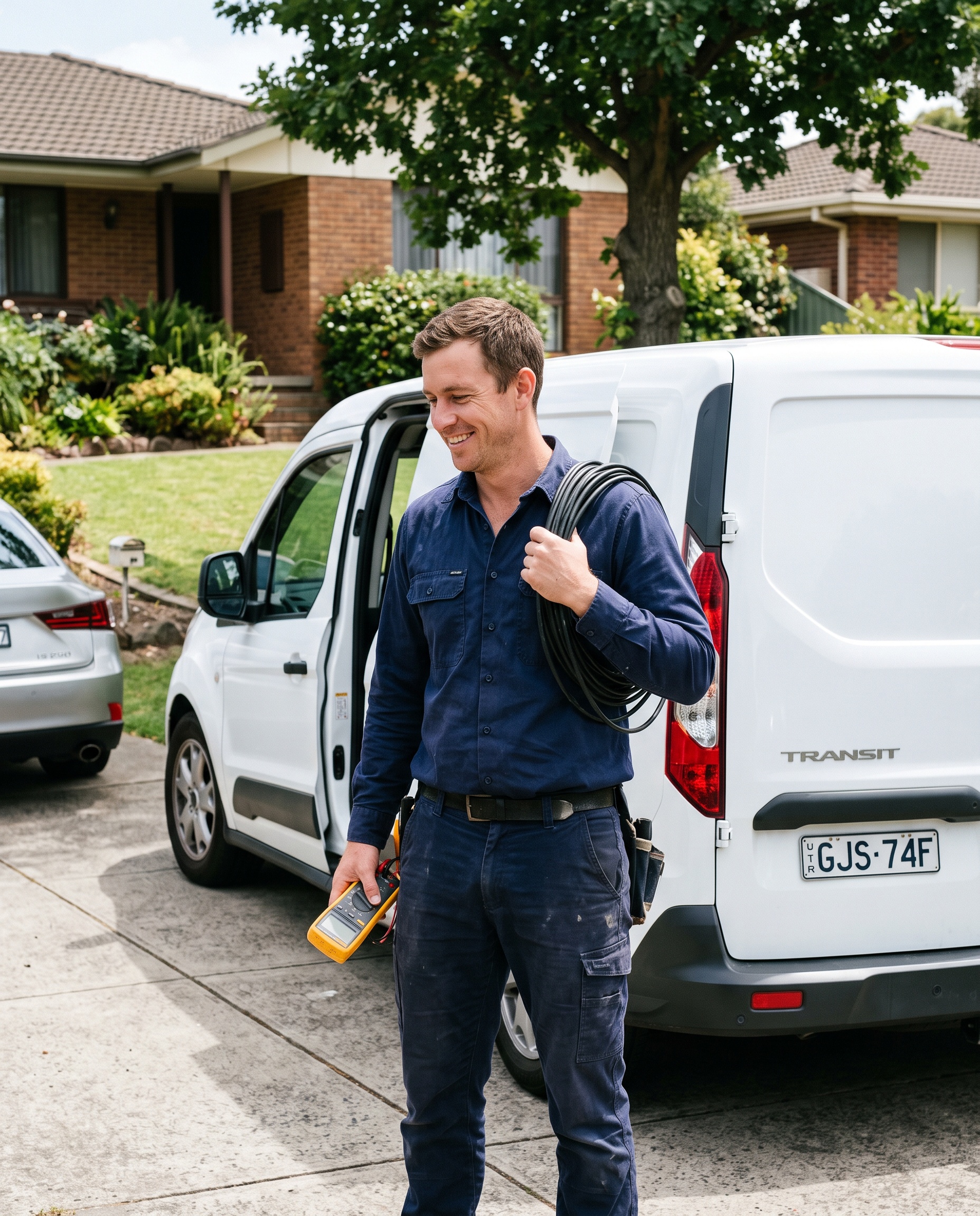 an electrician carrying electrical tools and cable