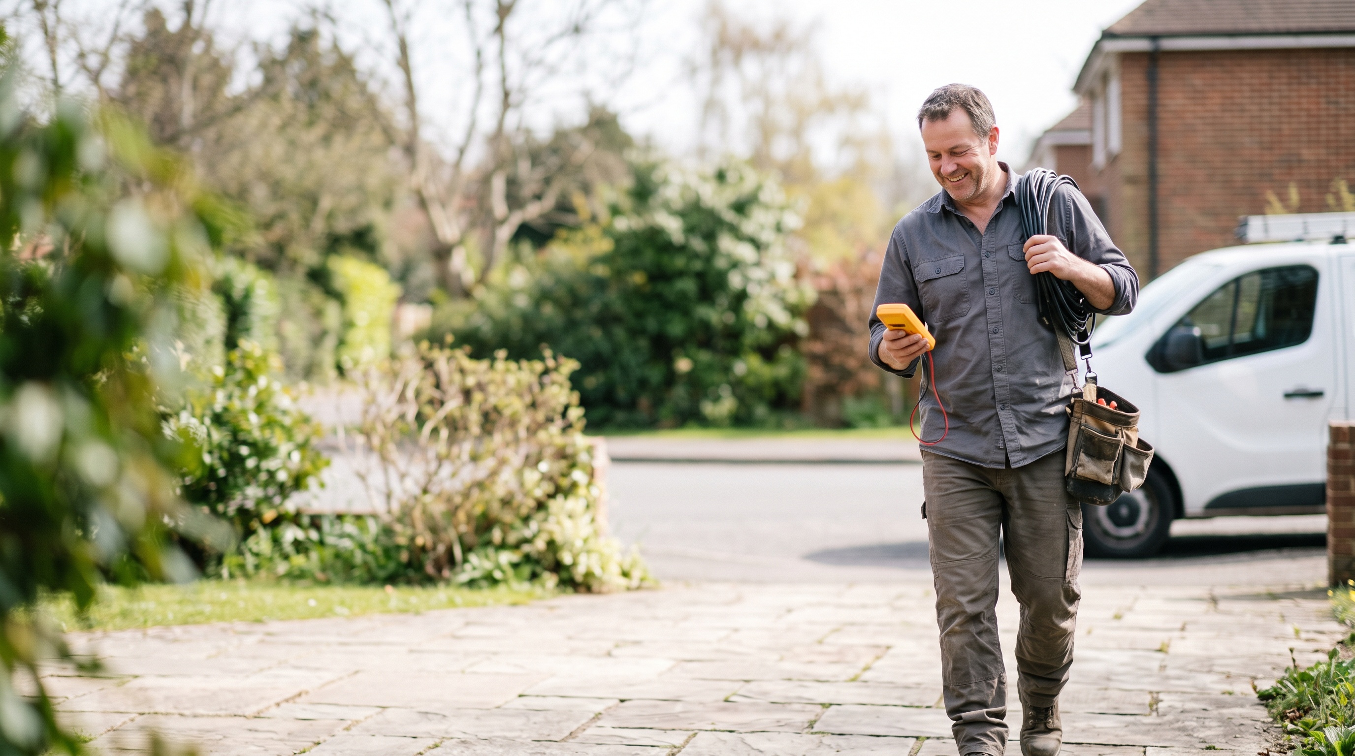 an electrician carrying electrical tools and cable
