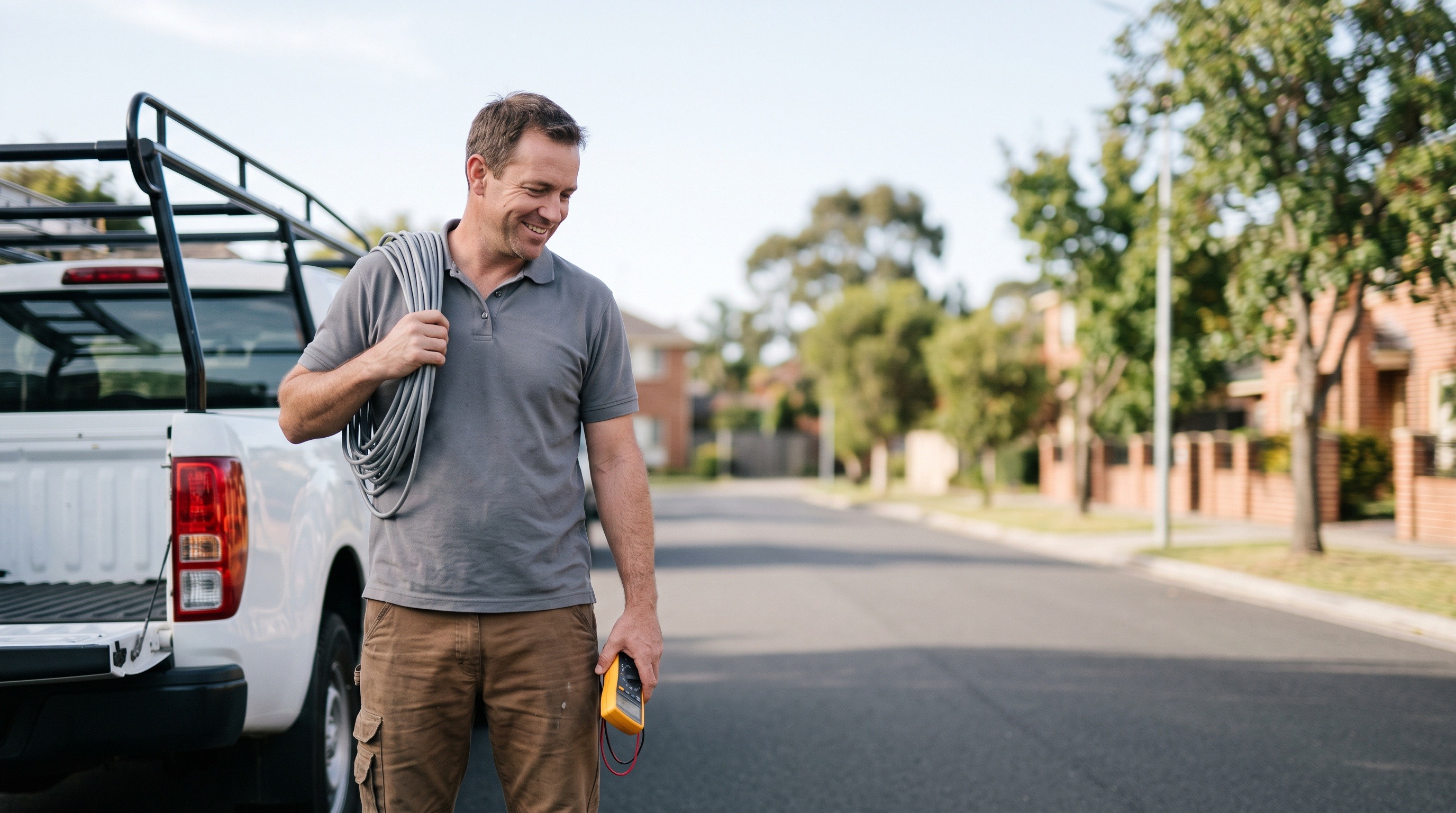 an electrician carrying electrical tools and cable