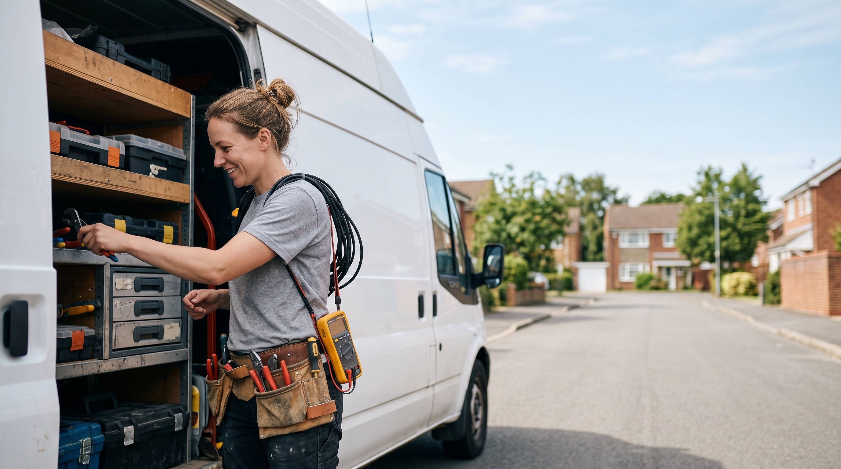 an electrician carrying electrical tools and cable