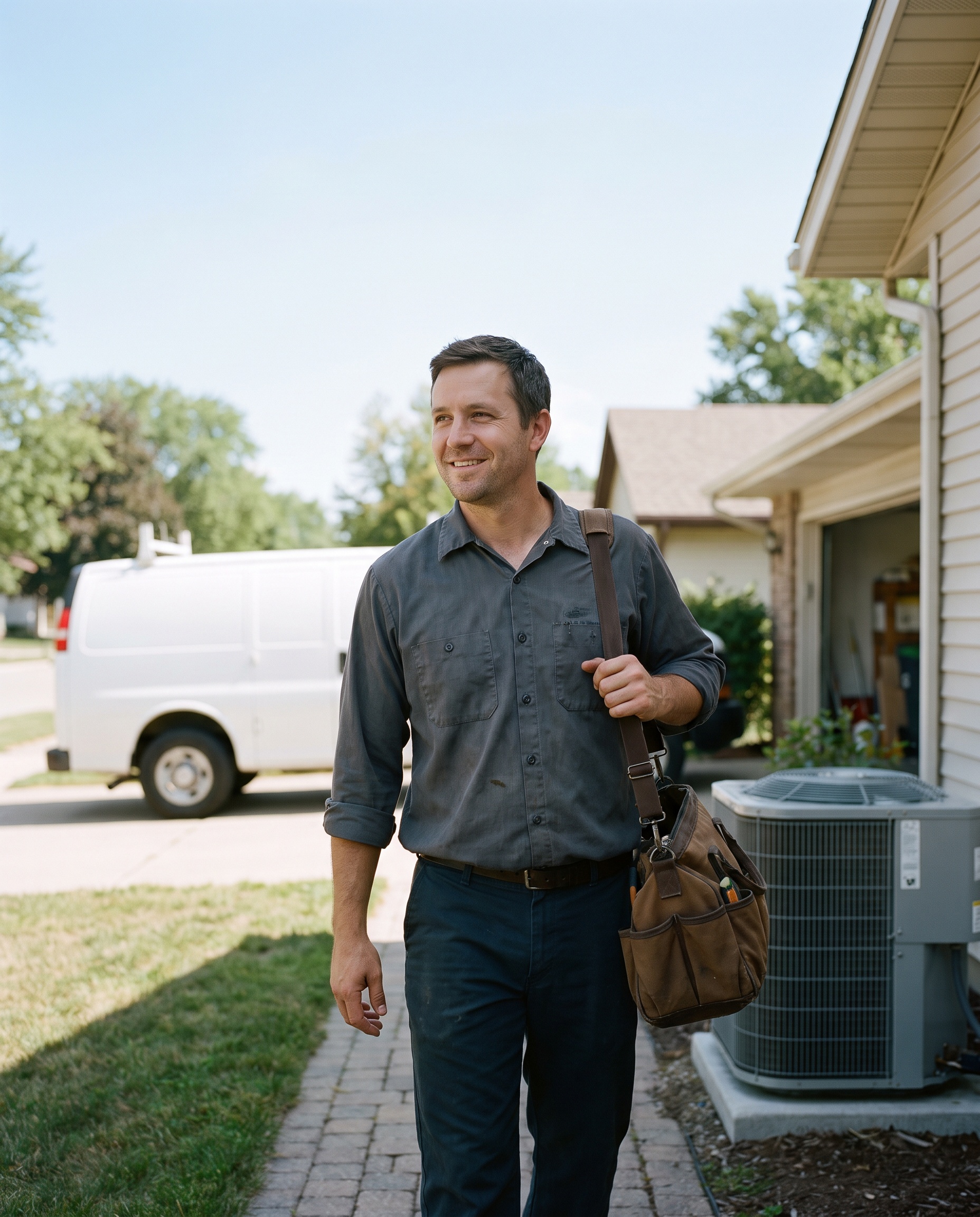 An HVAC technician beside a residential air-conditioning unit