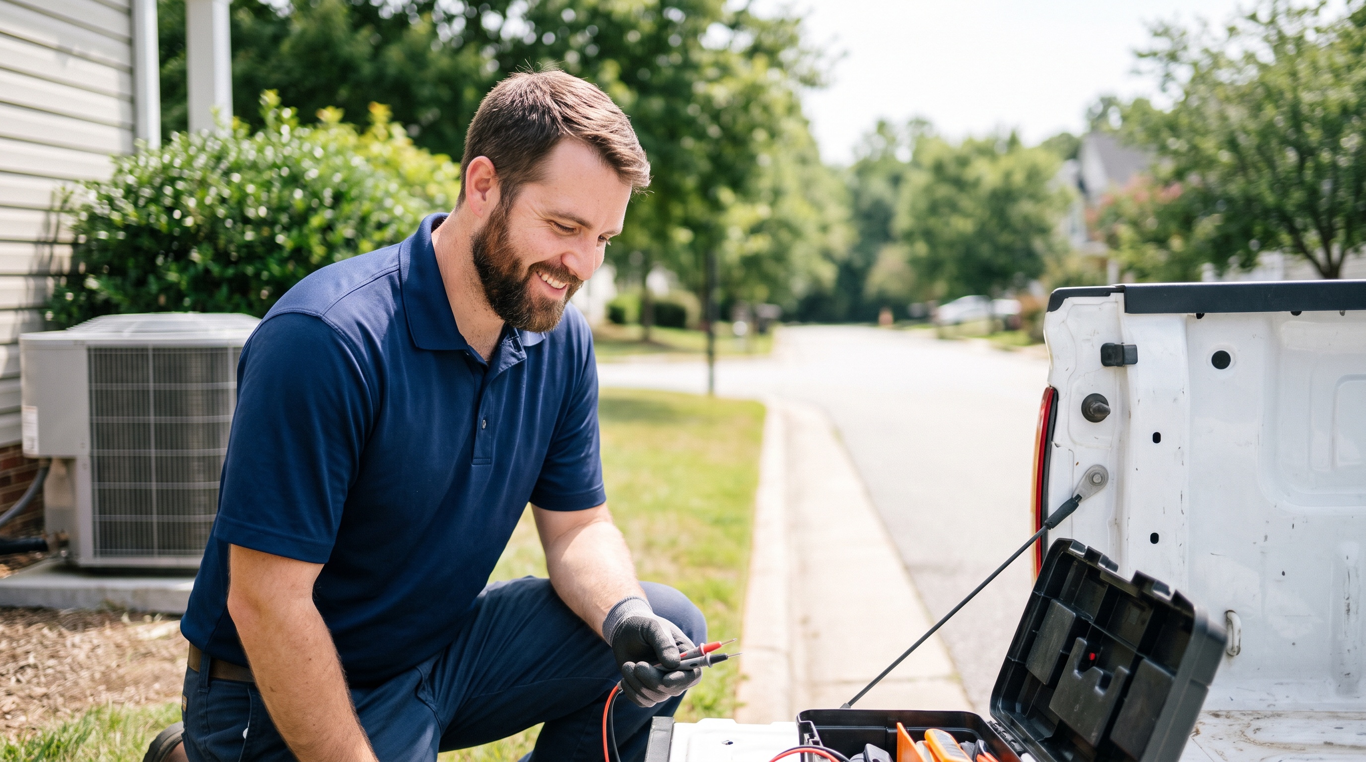 An HVAC technician beside a residential air-conditioning unit