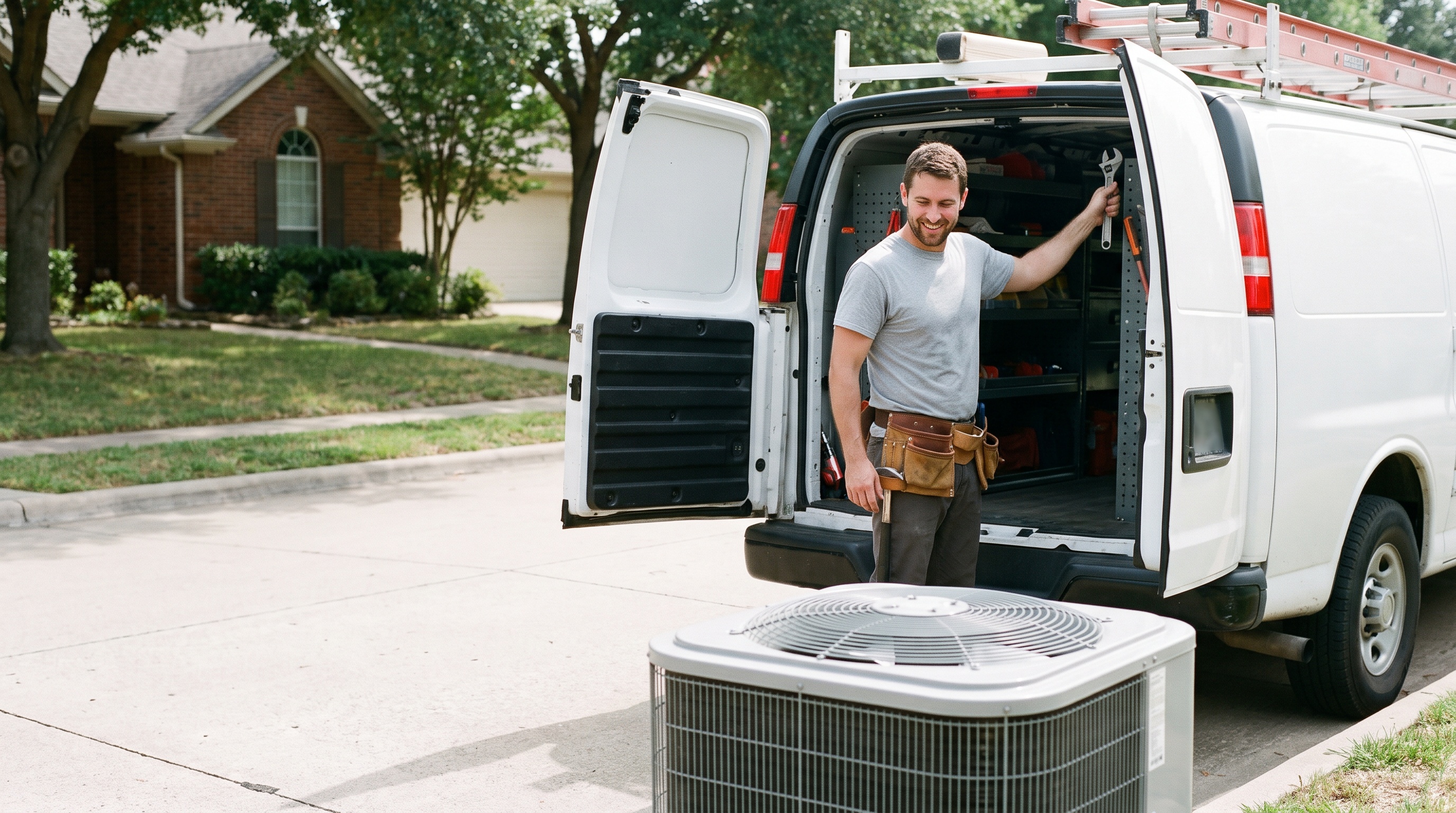 An HVAC technician beside a residential air-conditioning unit