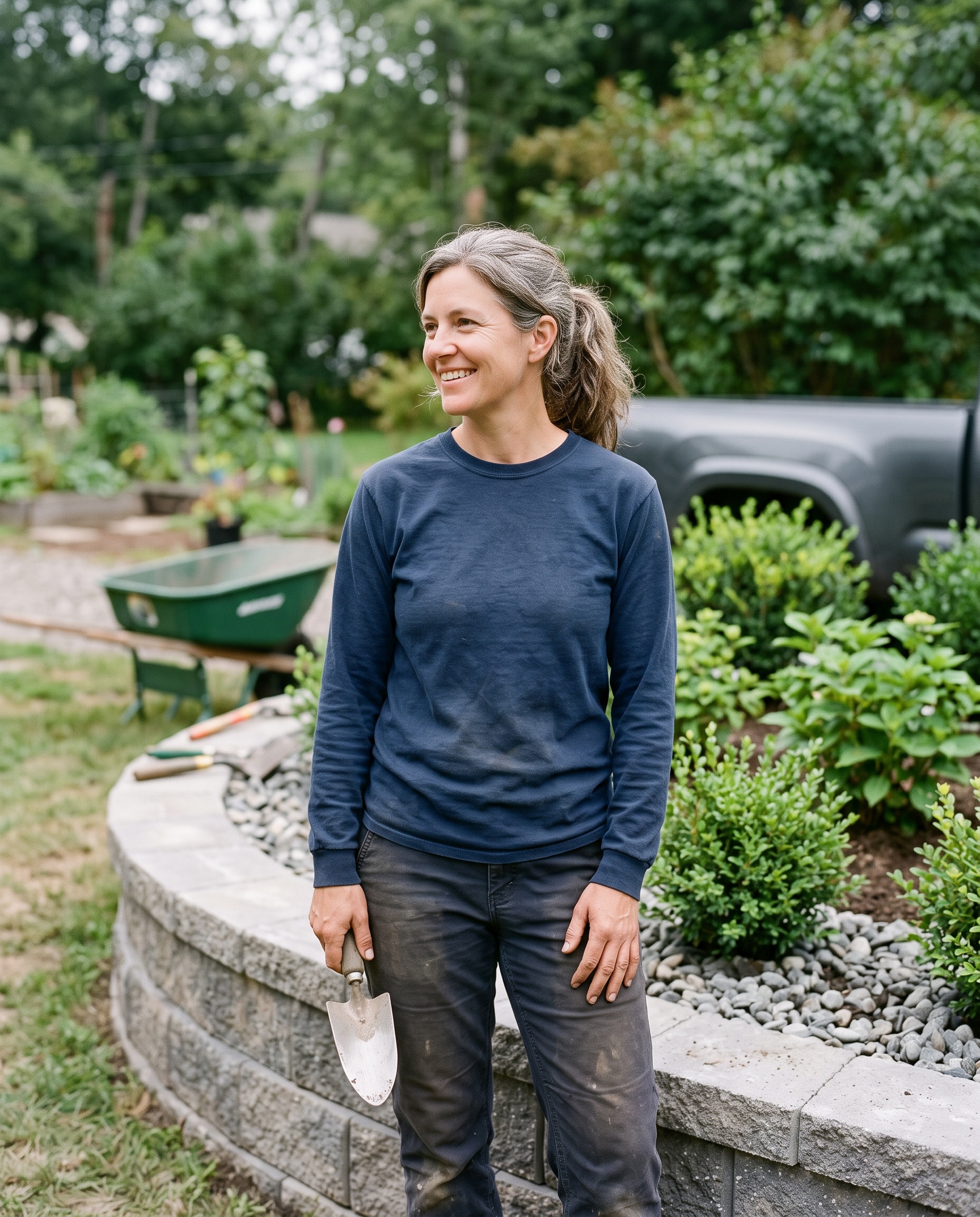 a landscaping professional in a landscaped residential yard